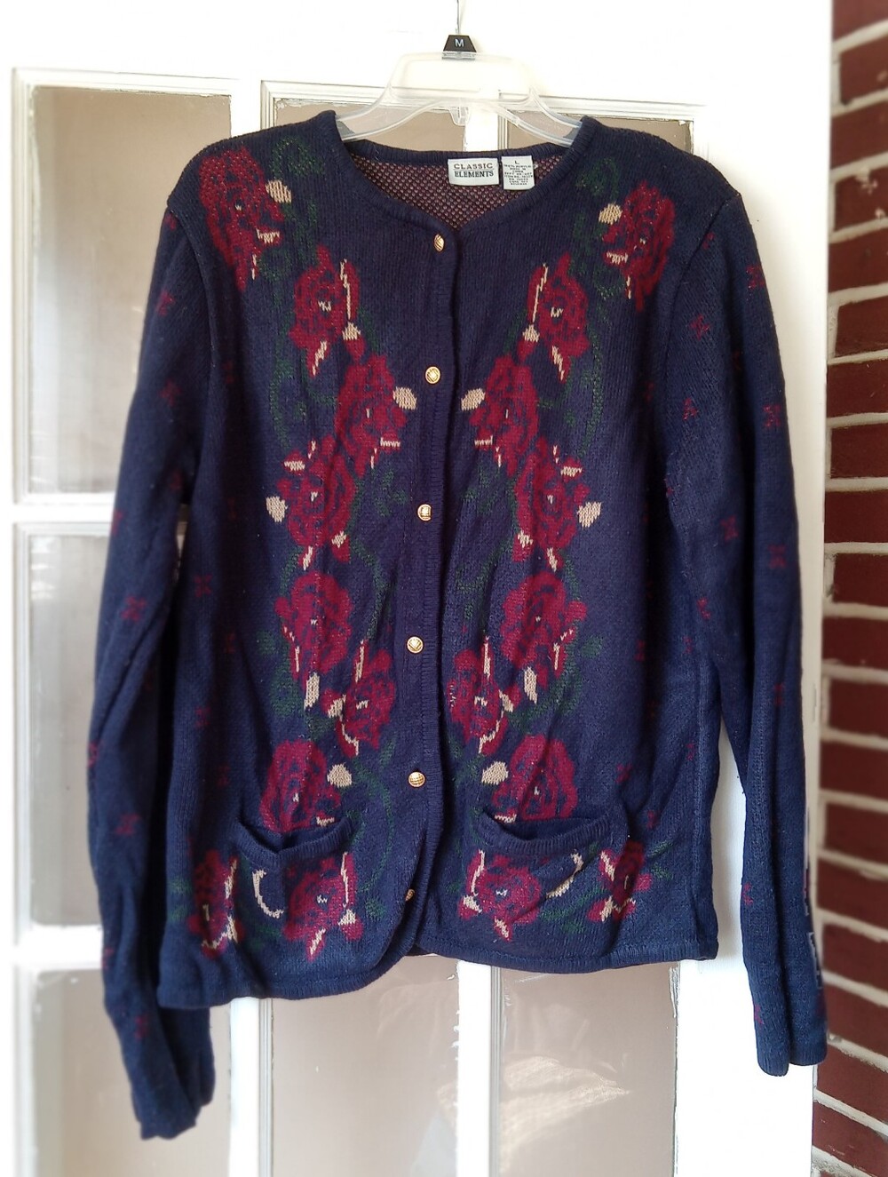 VTG Classic Elements Floral Knit Cardigan Sweater Navy Blue Red Roses Size L